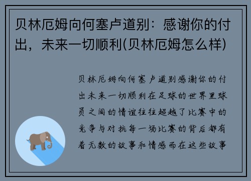 贝林厄姆向何塞卢道别：感谢你的付出，未来一切顺利(贝林厄姆怎么样)